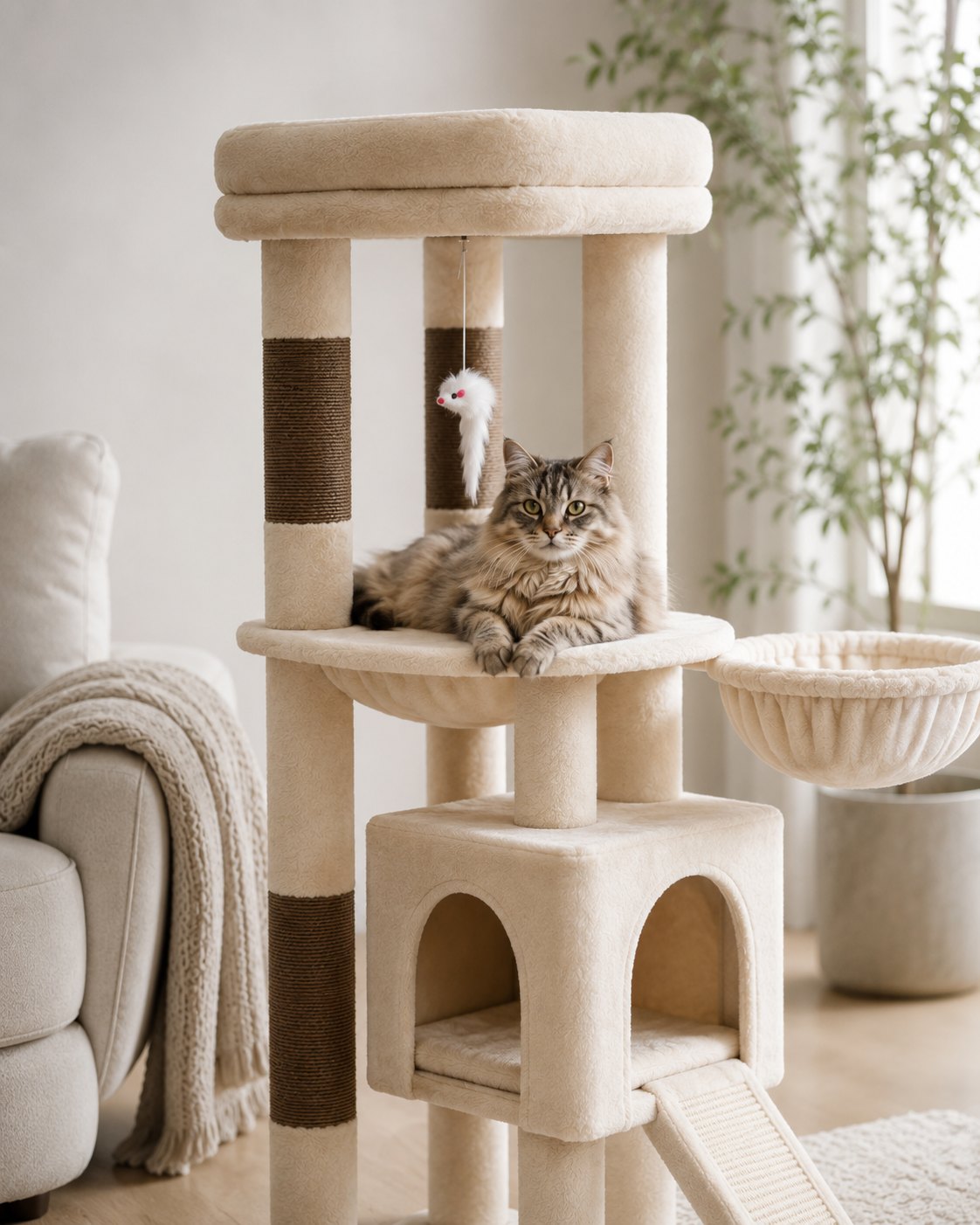 Katze entspannt auf einem Kratzbaum zu Hause